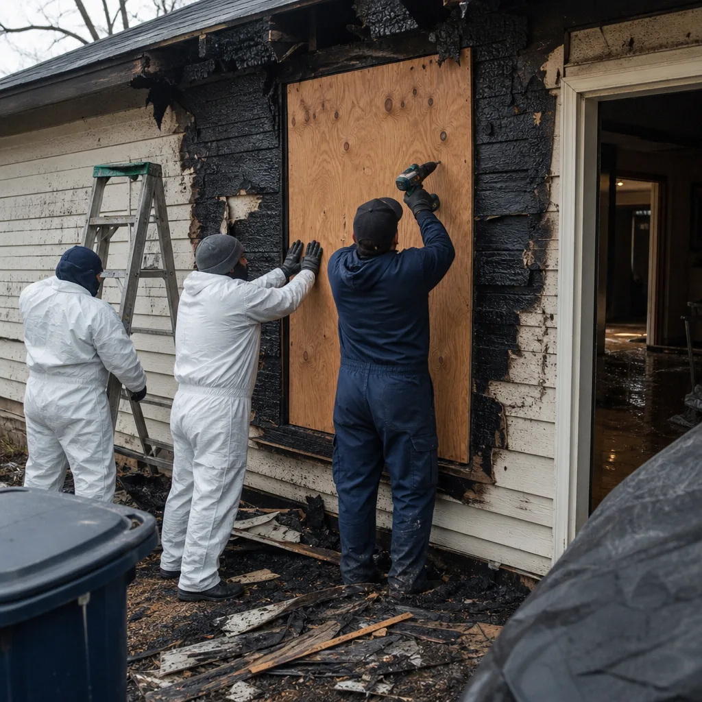 Professional crew boarding up windows after residential fire damage.