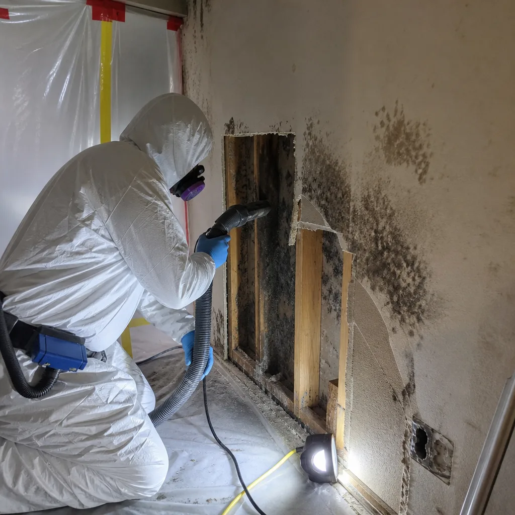 Professional technician in protective gear performing professional mold remediation on wall