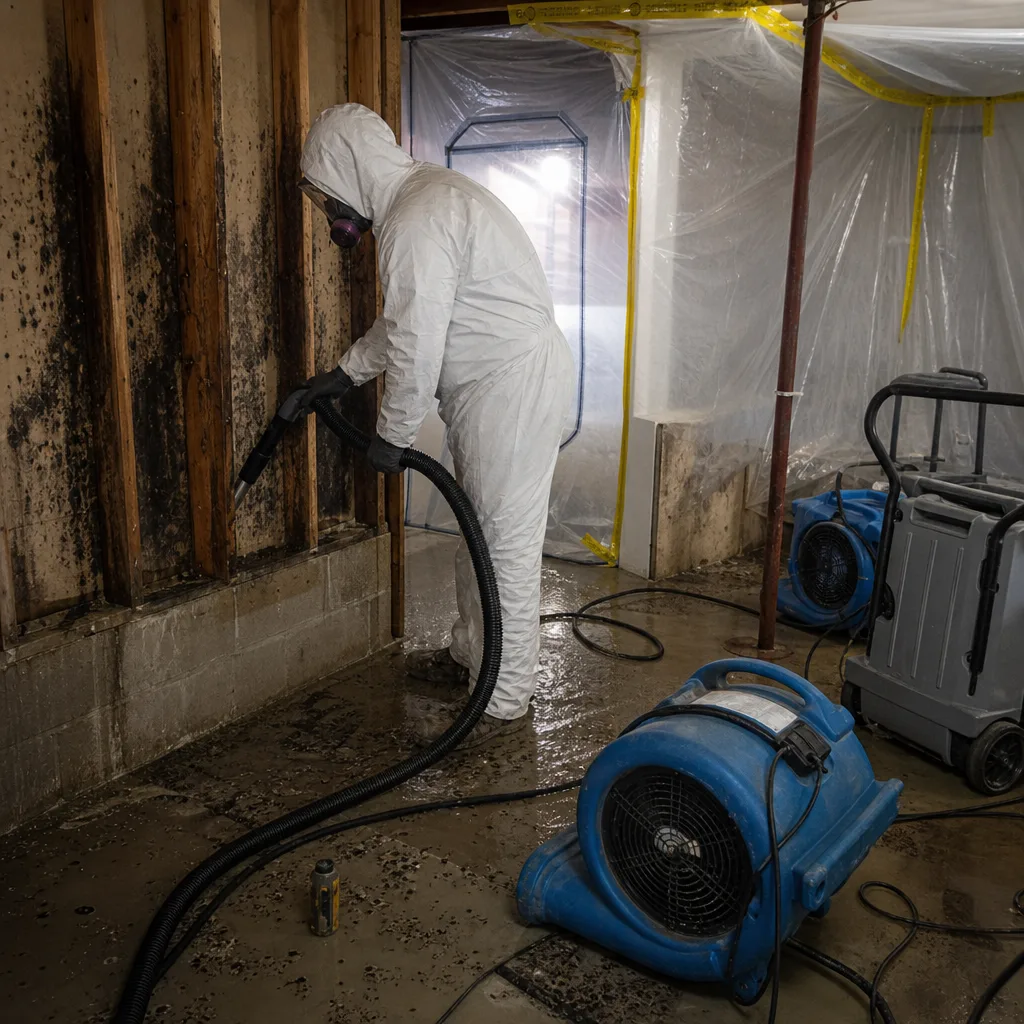 Professional mold remediation specialist cleaning mold from wooden studs