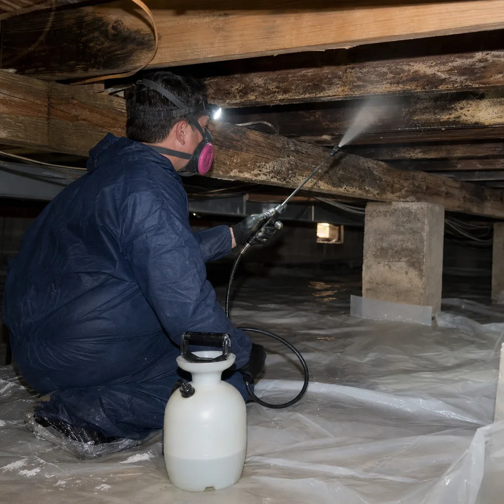 Professional in protective suit spraying wooden joists during mold remediation service.