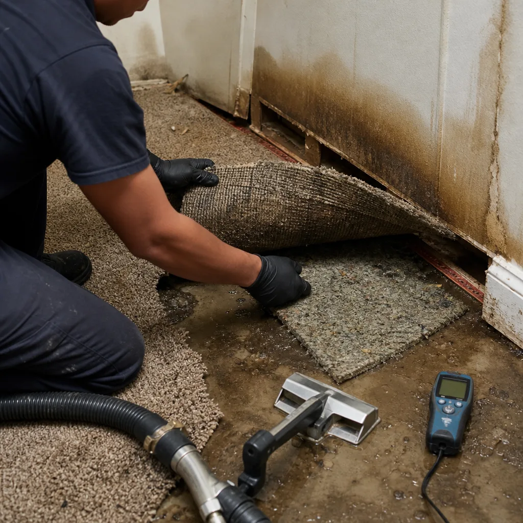 Technician performing water damage restoration on flooded carpet and floor