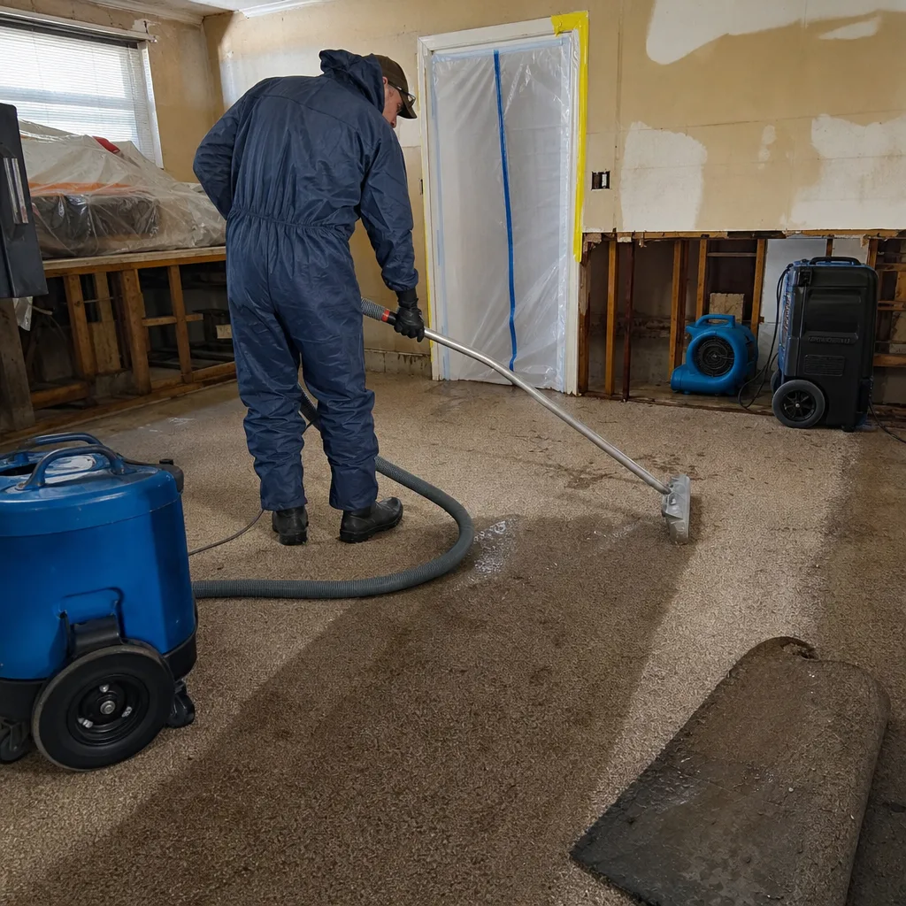 Water damage restoration professional using industrial vacuum on flooded carpet